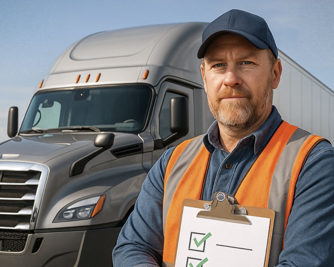 Designated Employer Representative holding a compliance checklist in front of a commercial truck